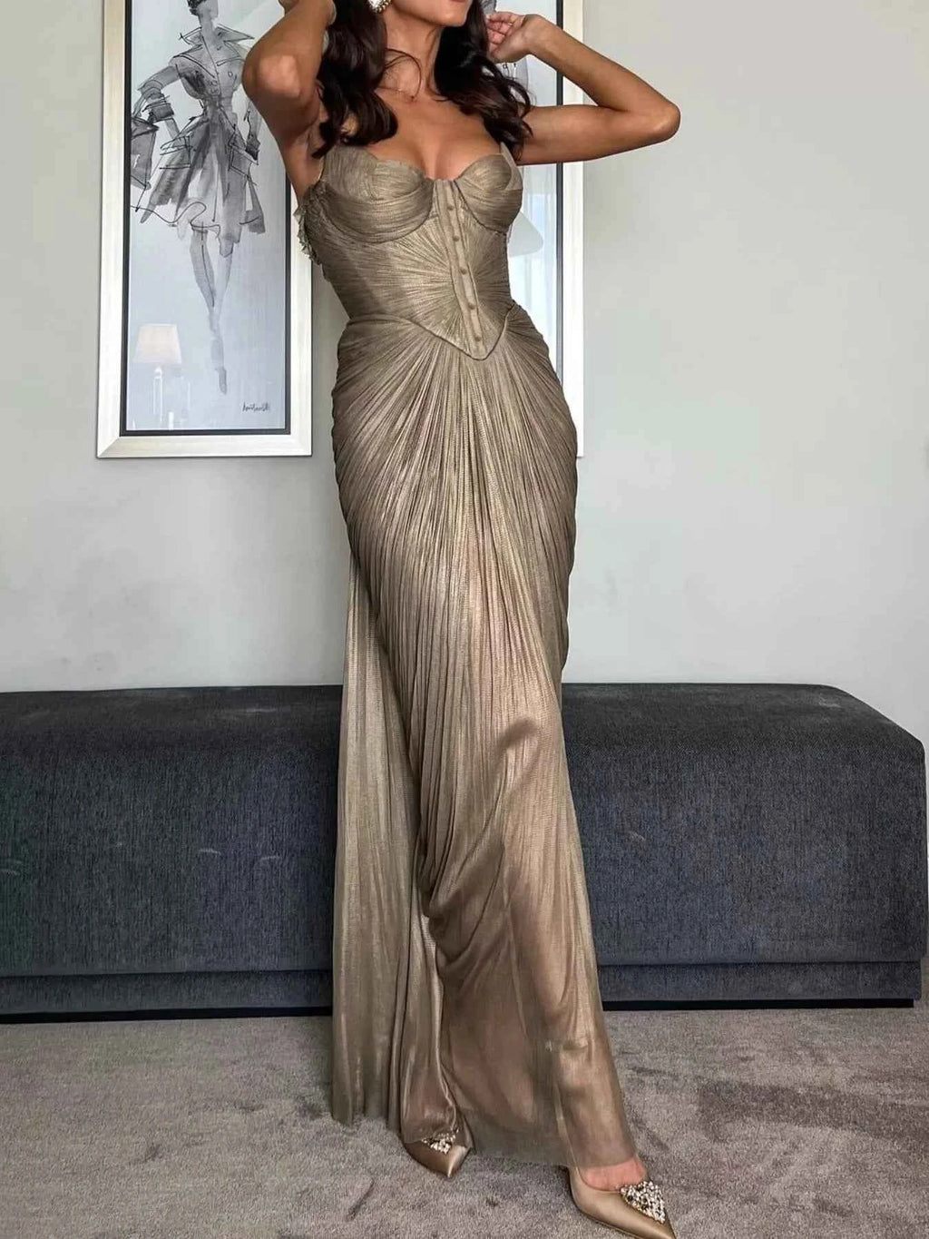 Metallic Pleated Corset Maxi Dress
