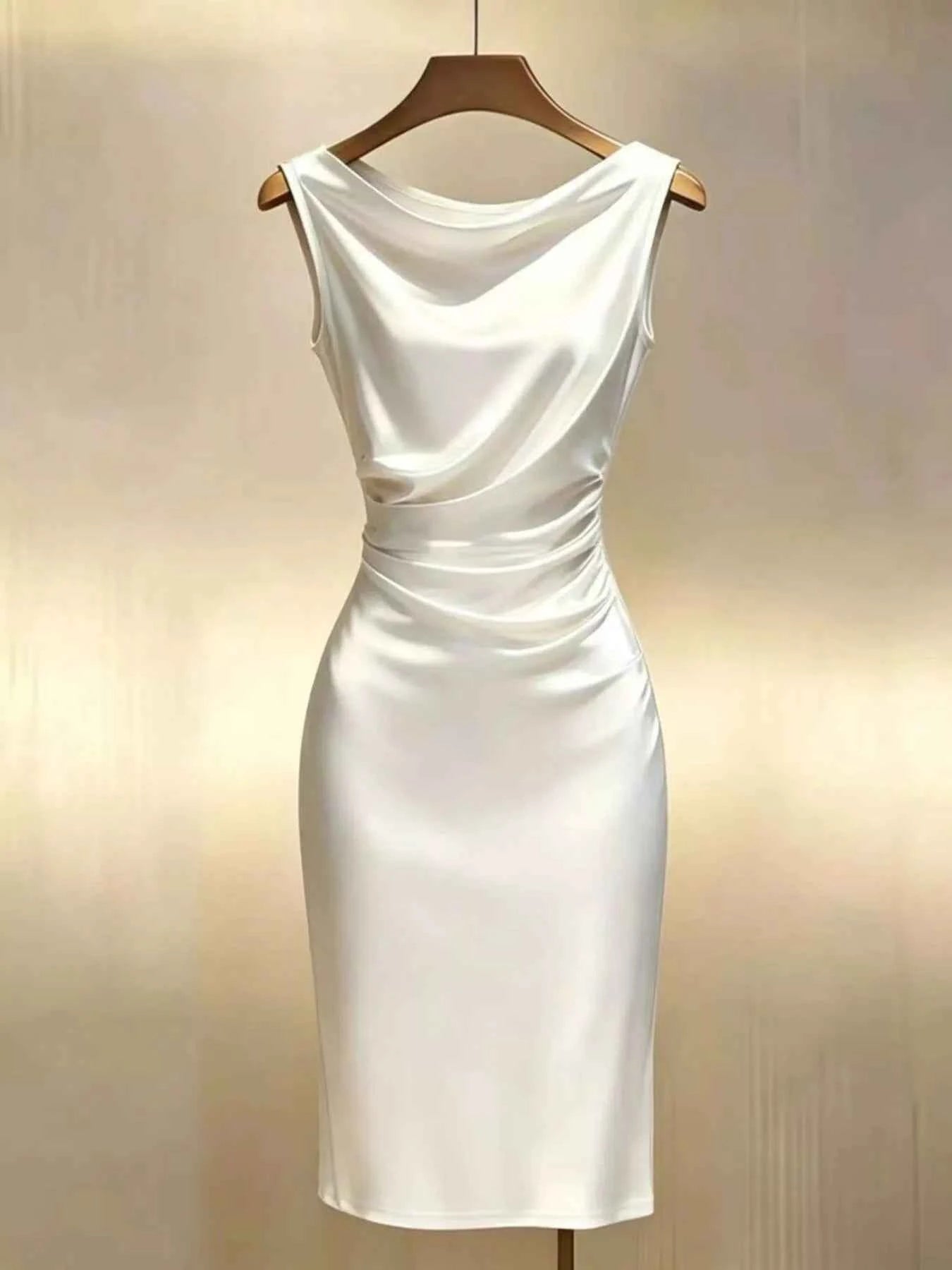 Satin Cowl Neck Ruched Sleeveless Dress