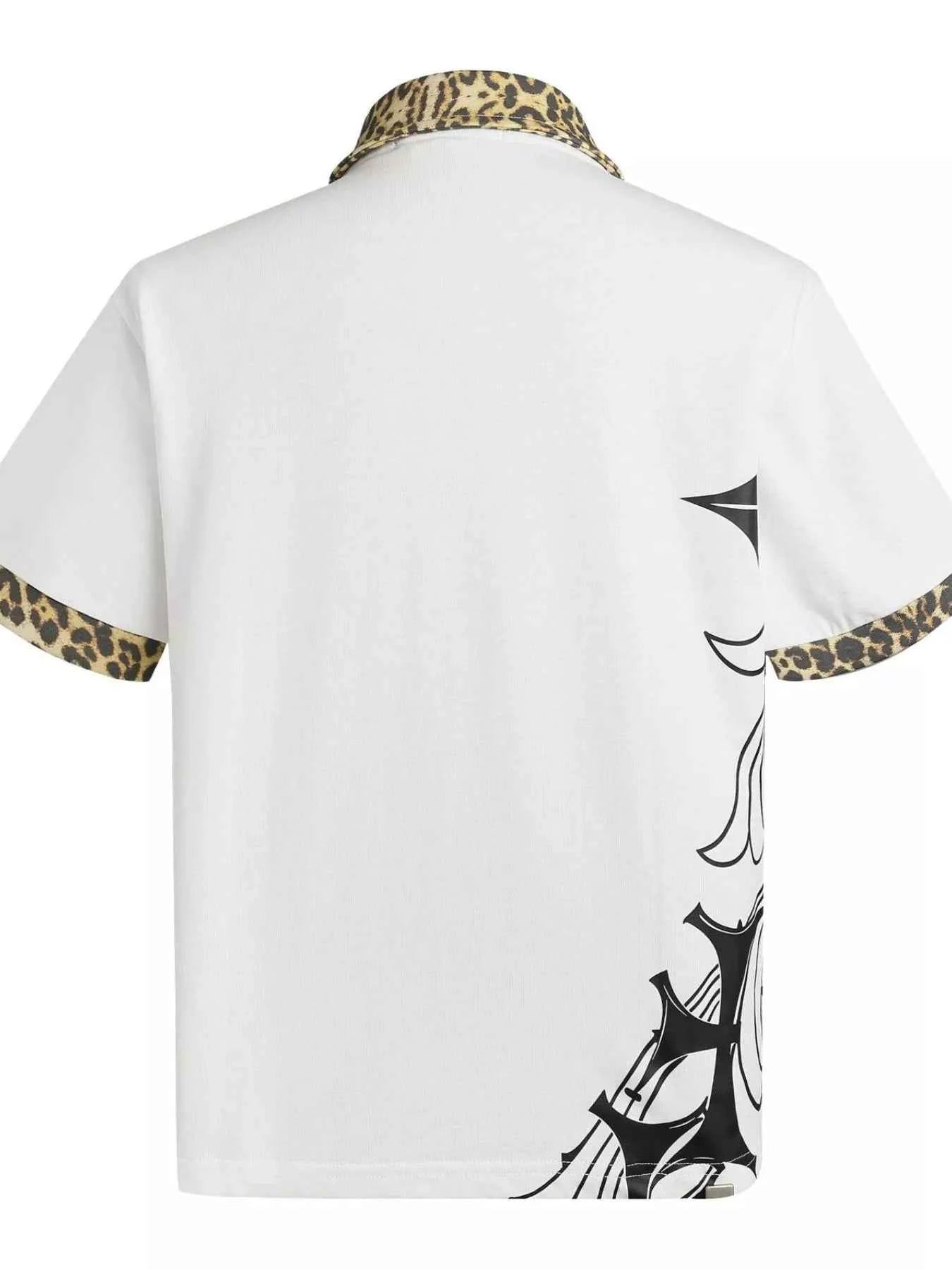 Men's Gothic Cross Print Polo with Leopard Collar