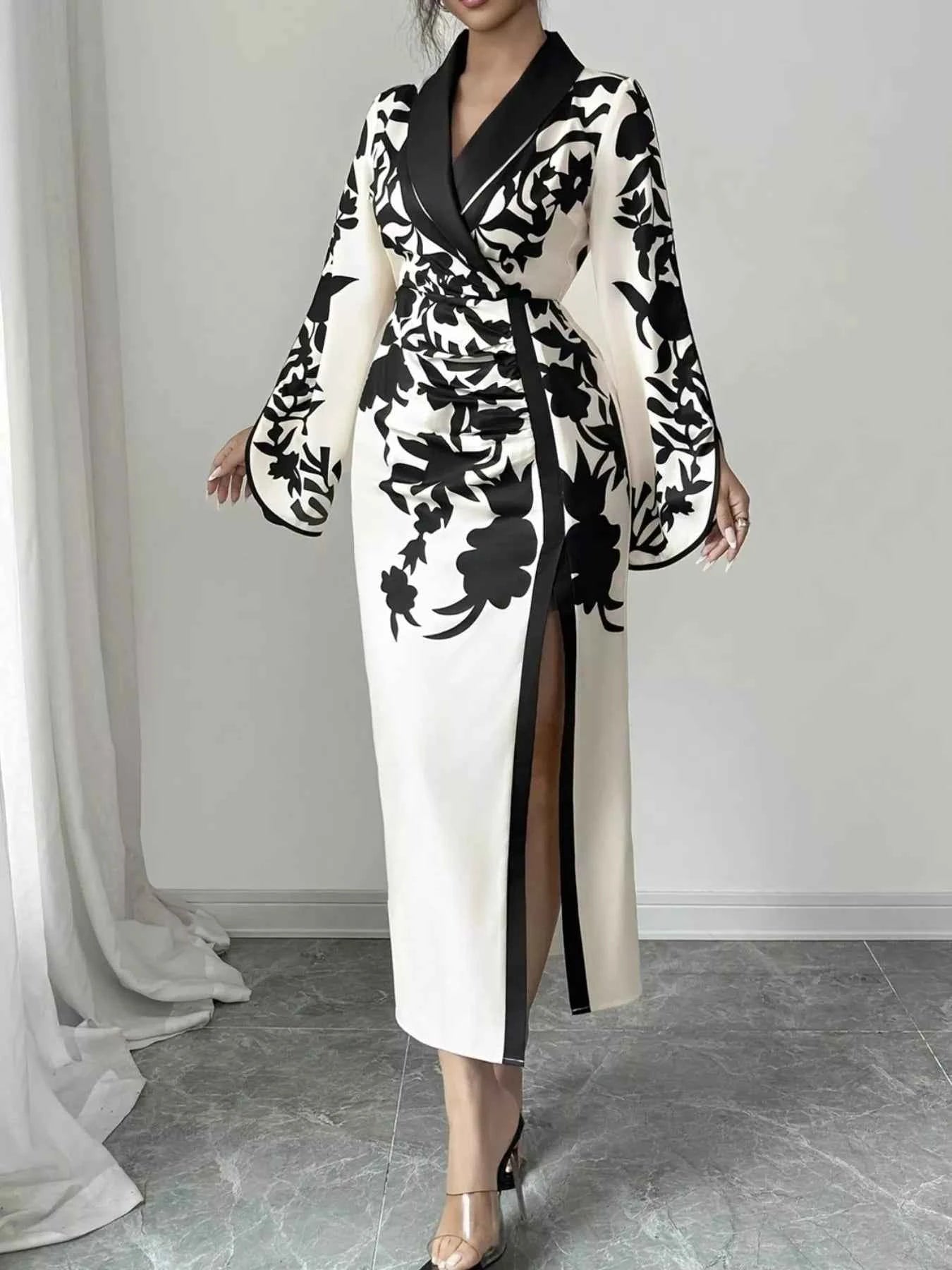 Slit Long Sleeve Wrap Midi Dress