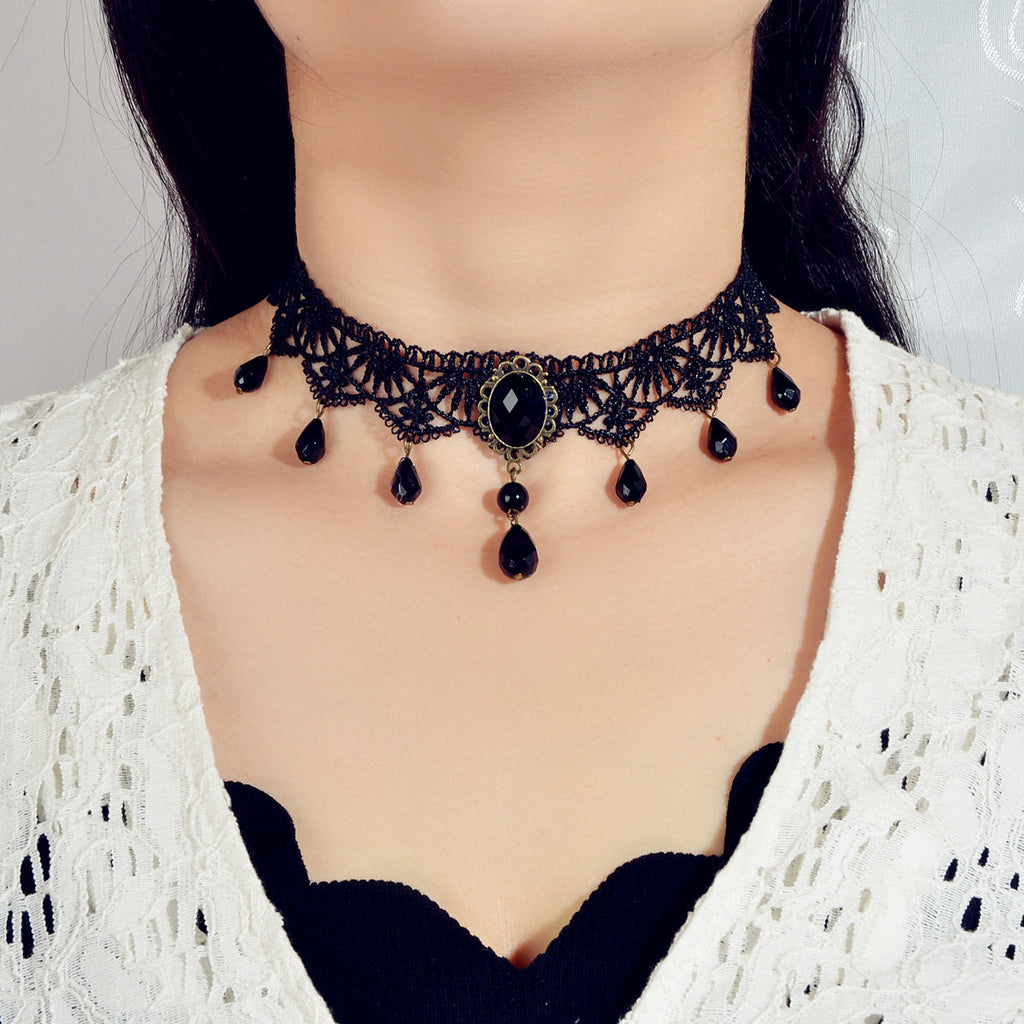 Water Drop Charm Black Lace Retro Gothic Women Choker 90s Halloween Necklace