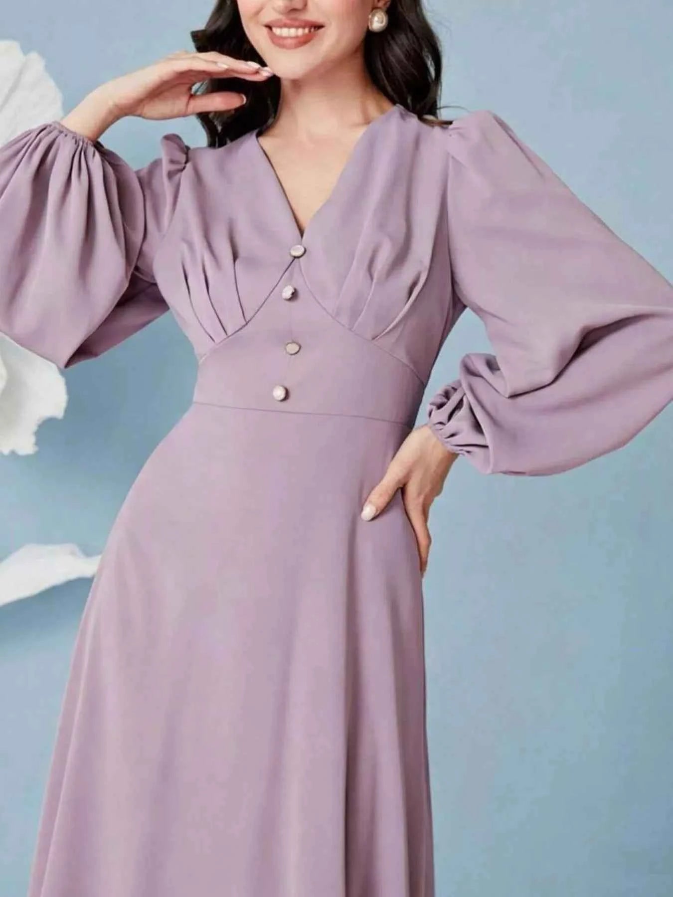 V-Neck Balloon Sleeve Maxi Dress