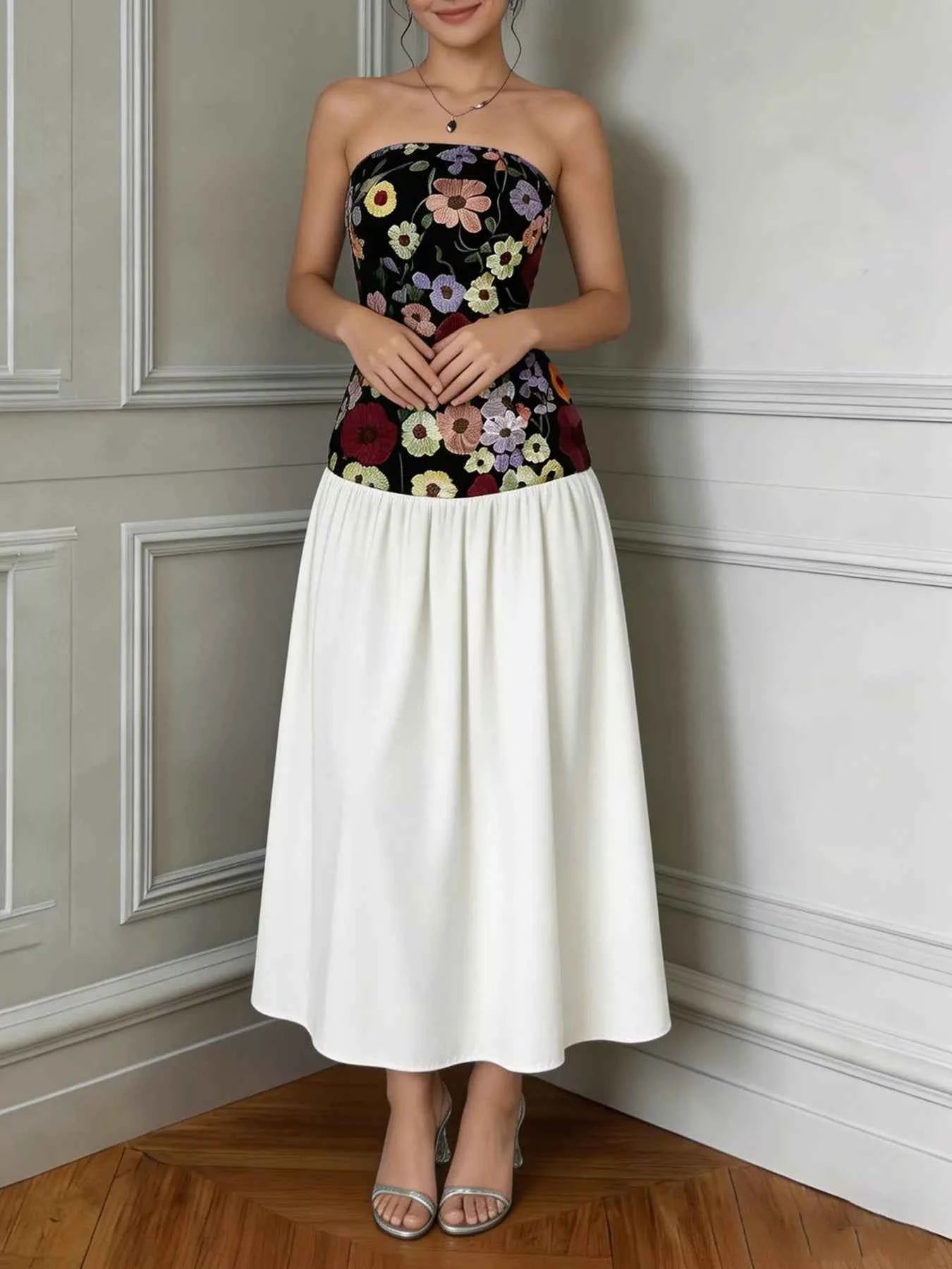 Floral Embroidered Tube Maxi Dress