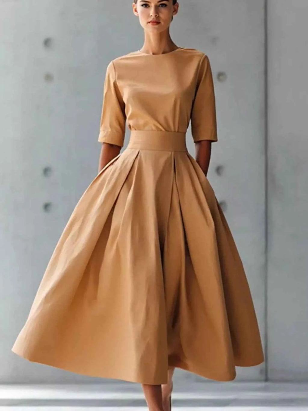 Round Neck A-Line Midi Dress
