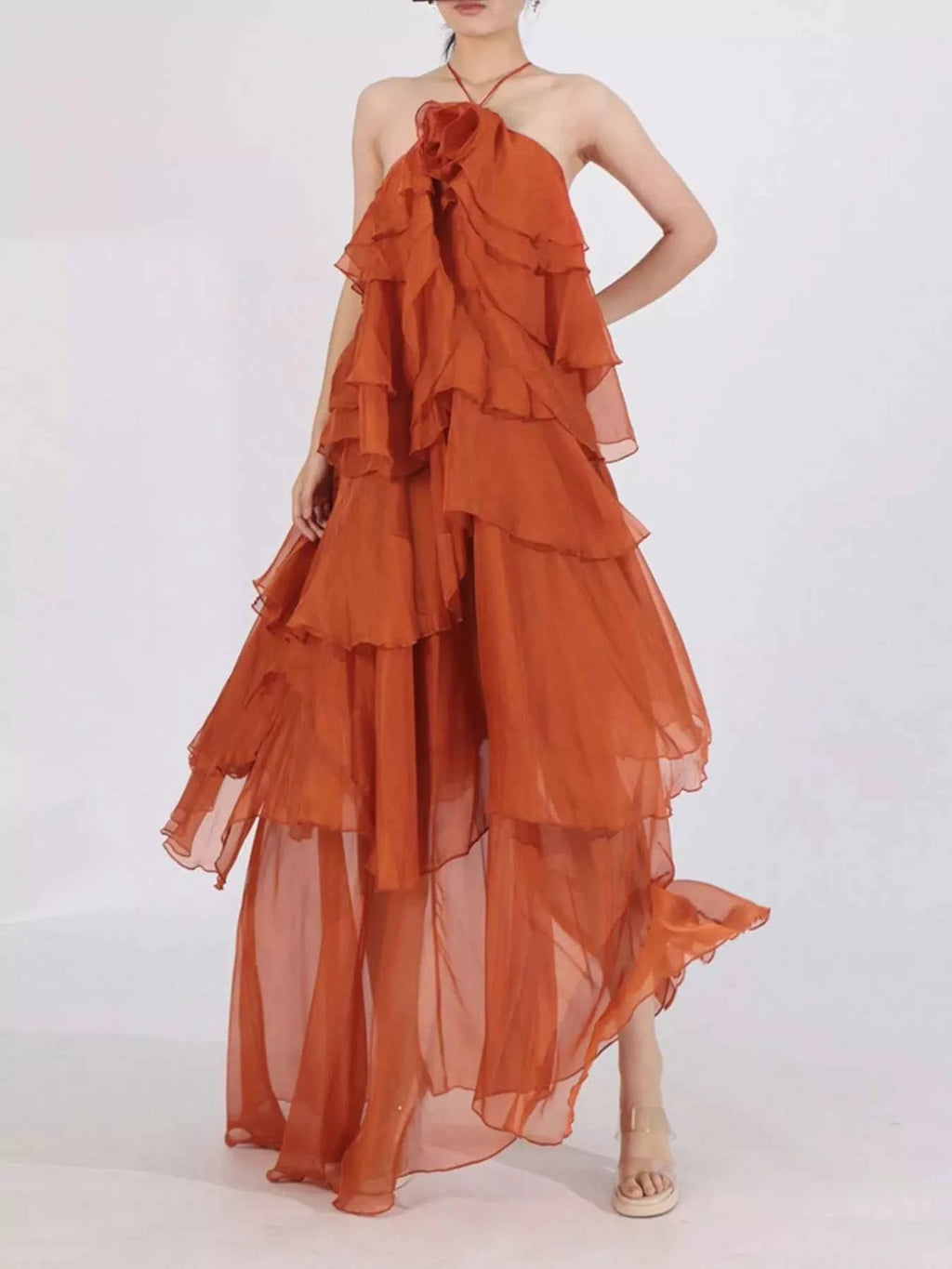Ruffled Chiffon Halter Neck Maxi Dress
