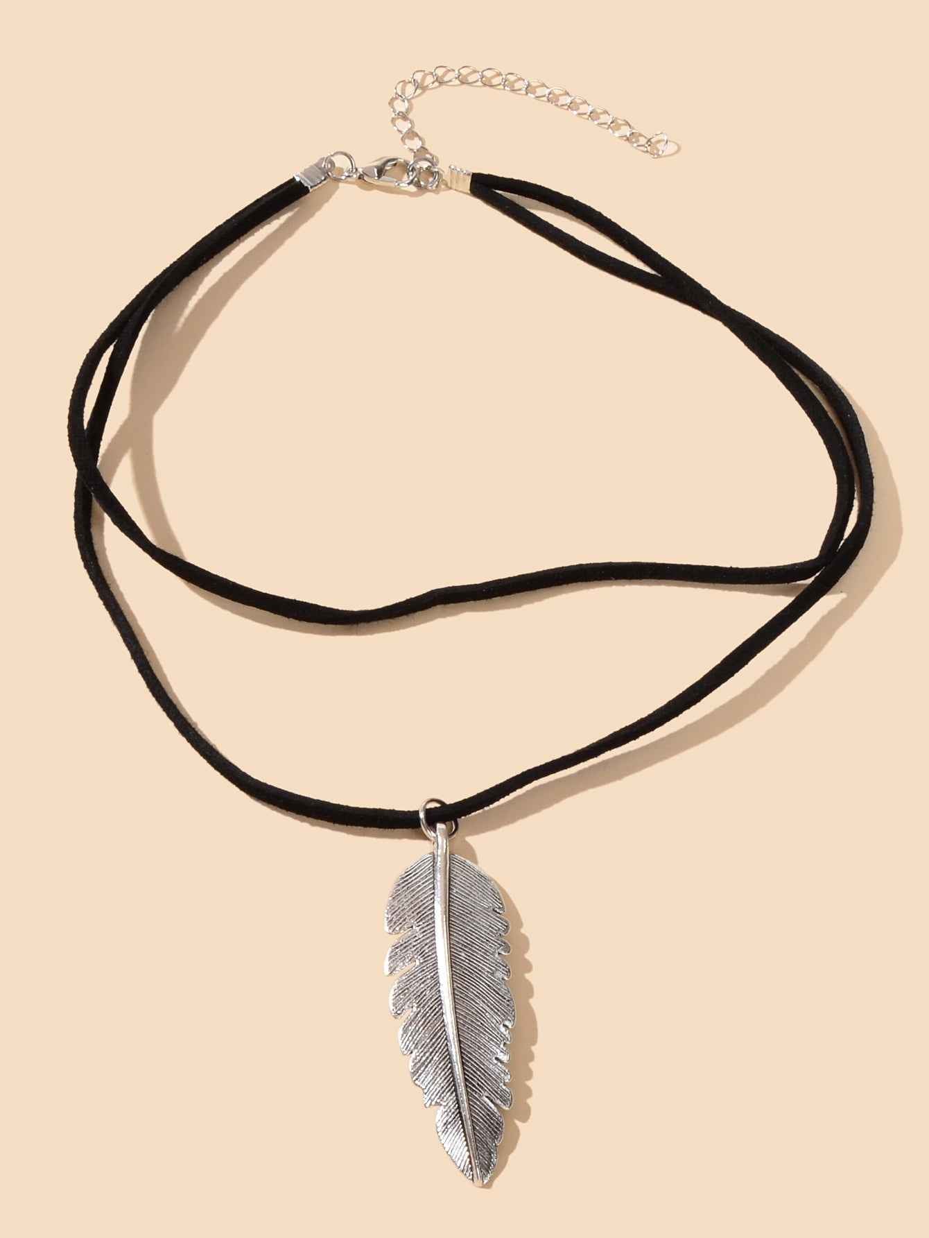 Double Layer Black Choker Silver Feather Charm Necklaces Gothic Women Collar