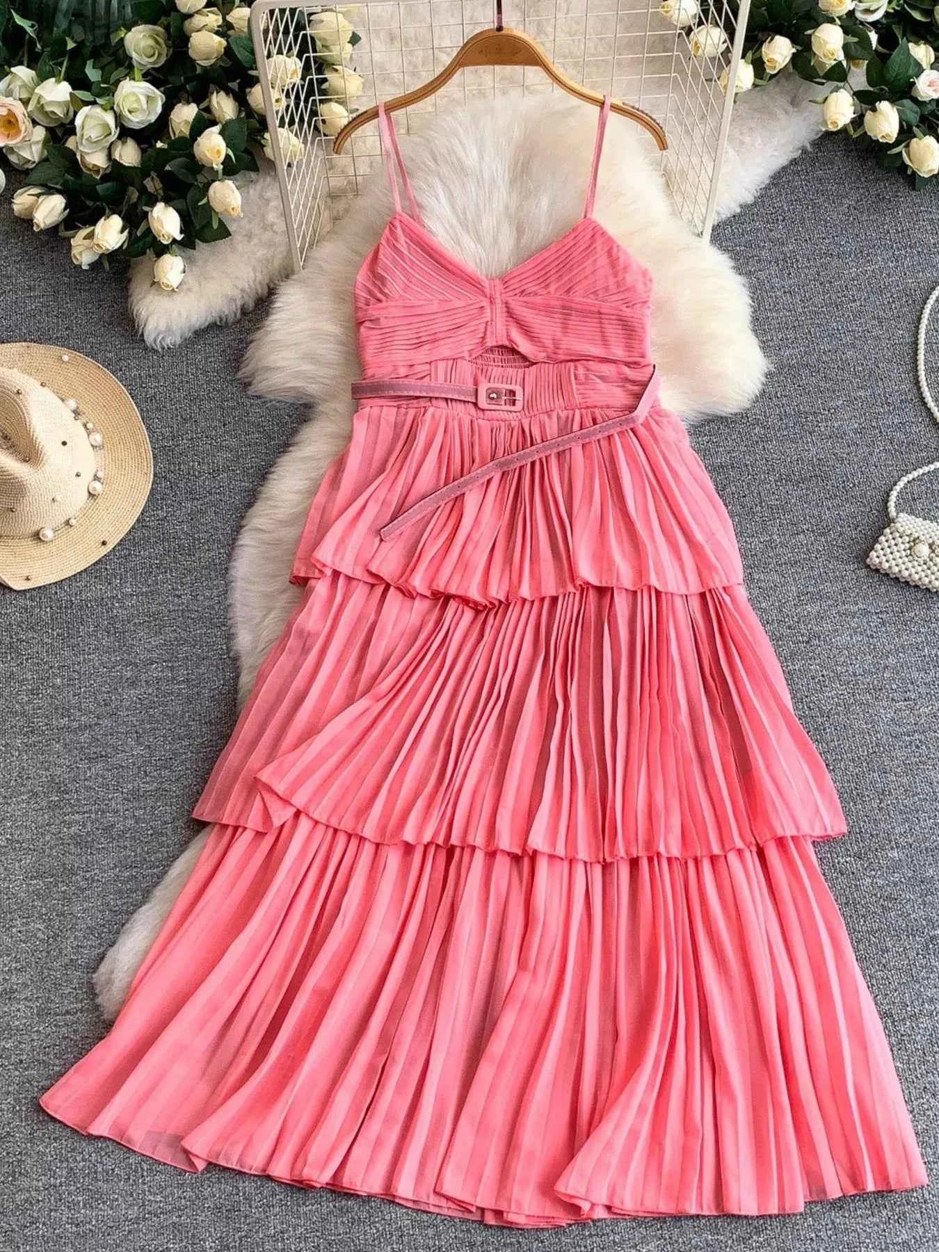Pleated Layered Spaghetti Strap Midi Dress