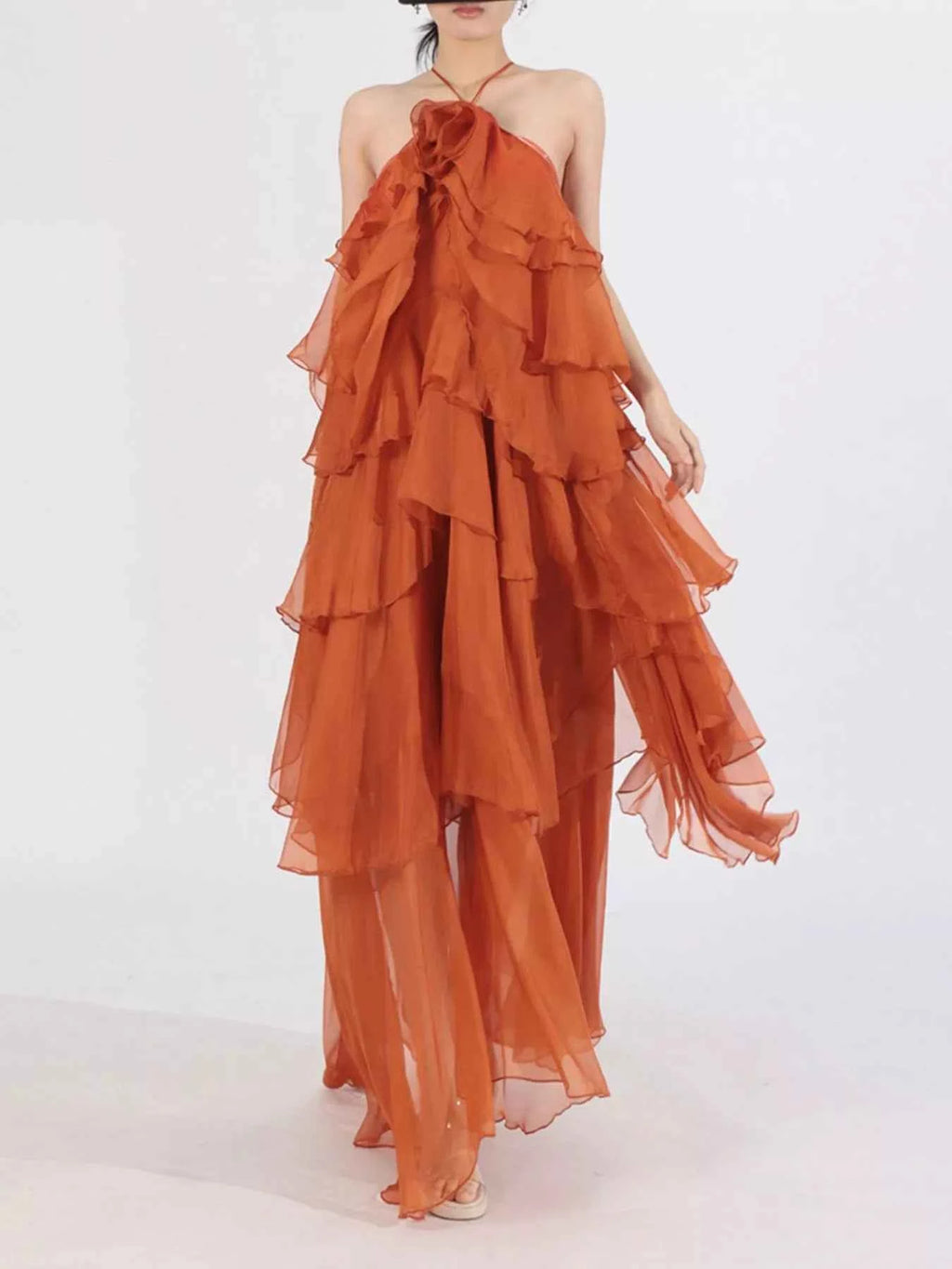 Ruffled Chiffon Halter Neck Maxi Dress