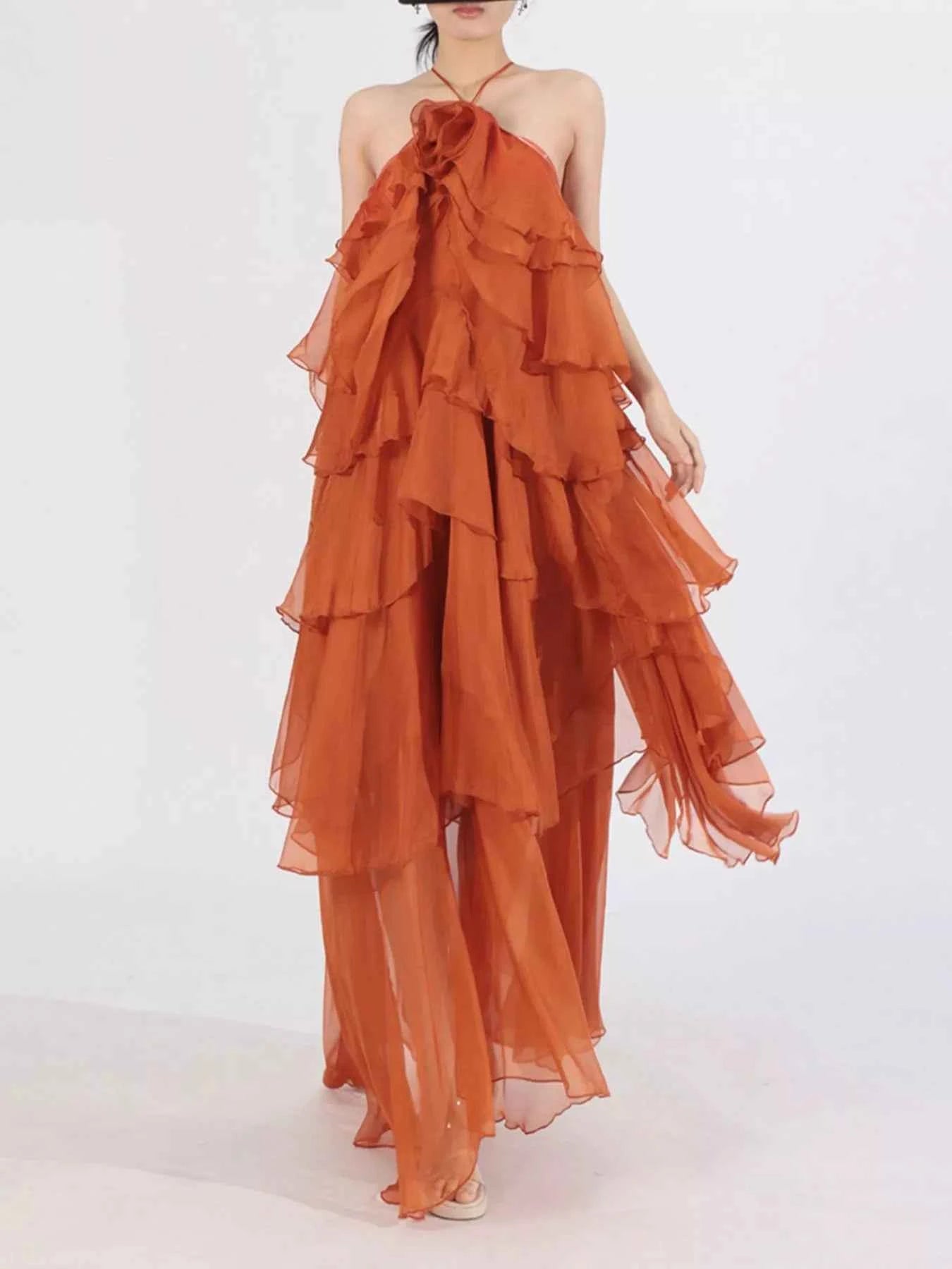 Ruffled Chiffon Halter Neck Maxi Dress