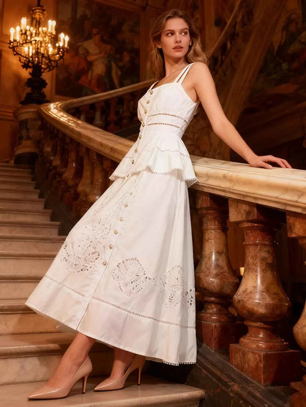 Sleeveless Eyelet Embroidered Button-Down Midi Dress