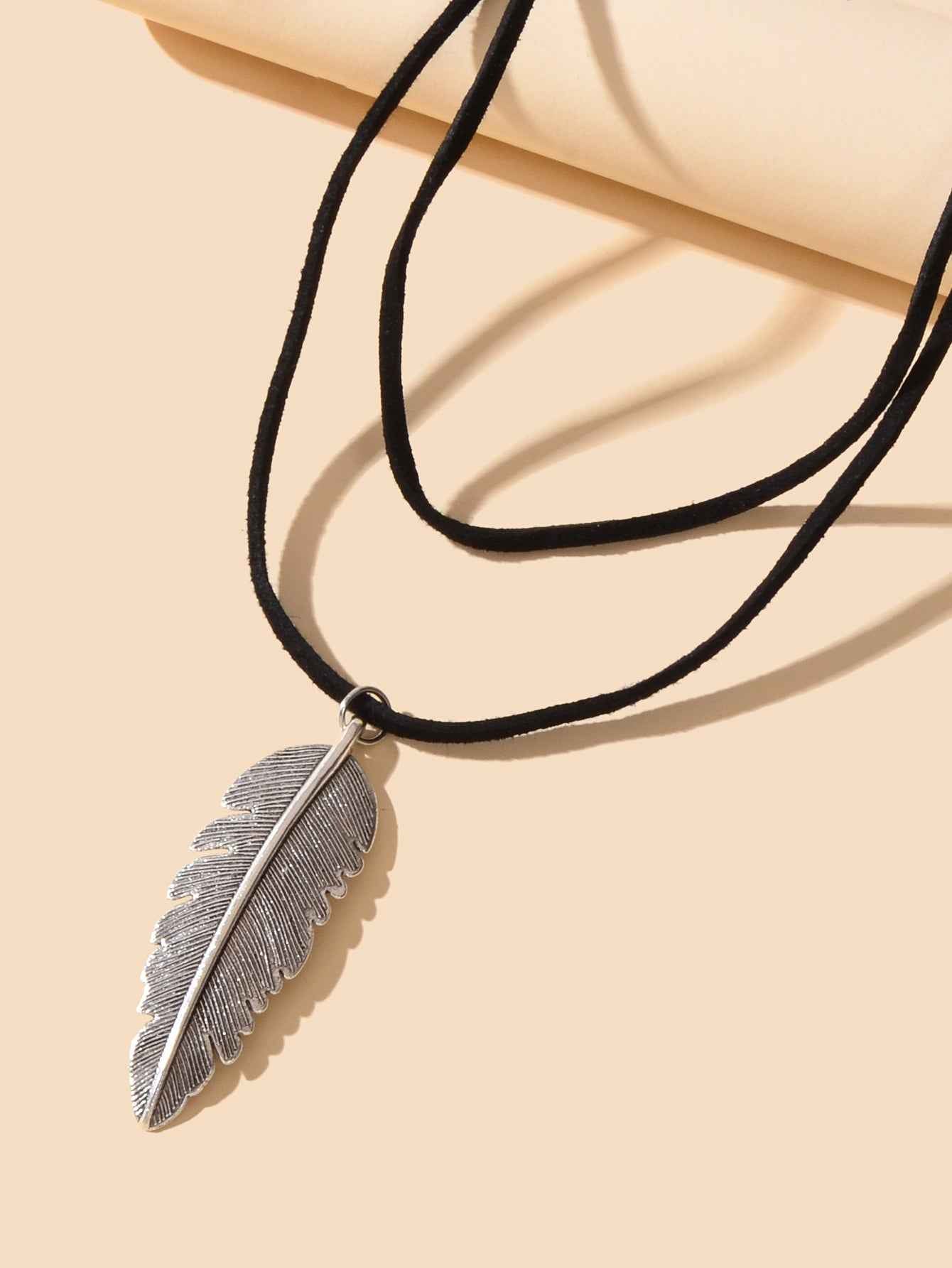 Double Layer Black Choker Silver Feather Charm Necklaces Gothic Women Collar