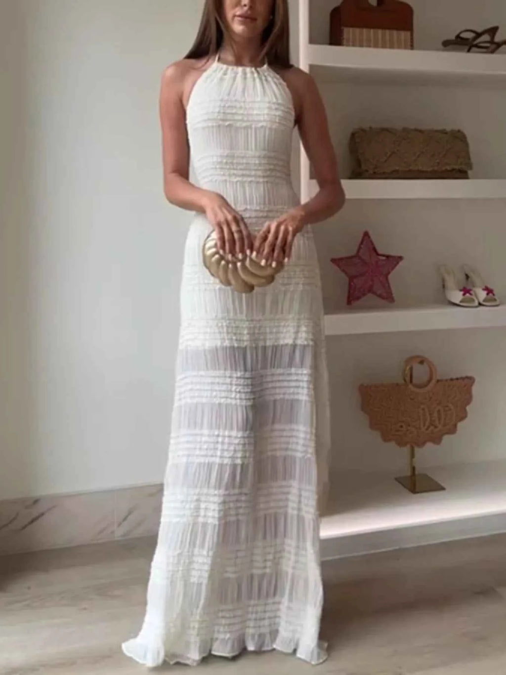 Ruched Halter Neck Maxi Dress