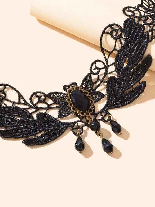 Black Hollow Collar Gothic Leaf Tattoo Lace Choker Costume Party