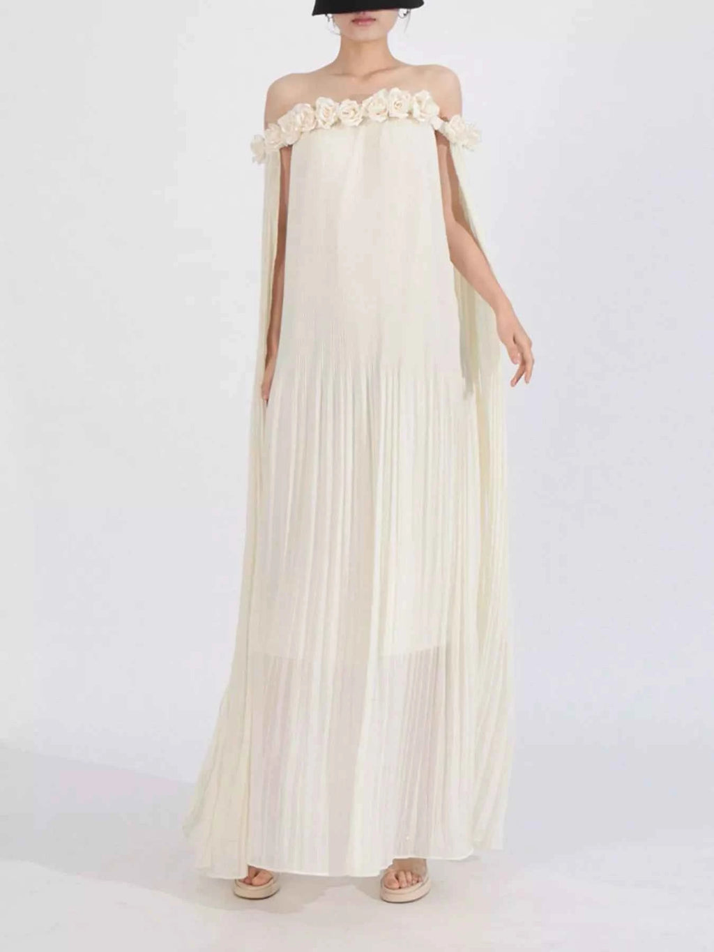 Off-Shoulder Floral Pleated Maxi Dress