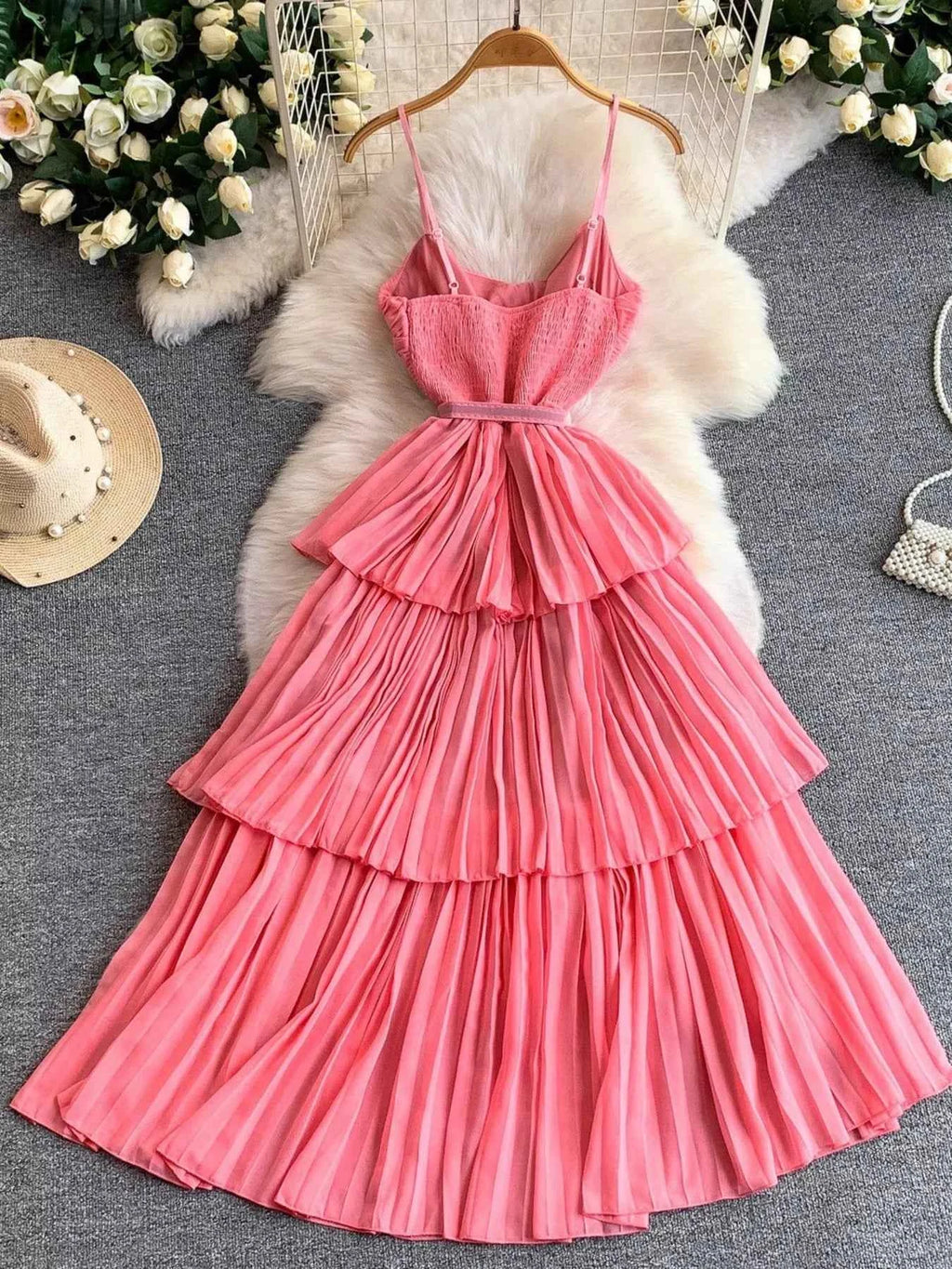 Pleated Layered Spaghetti Strap Midi Dress