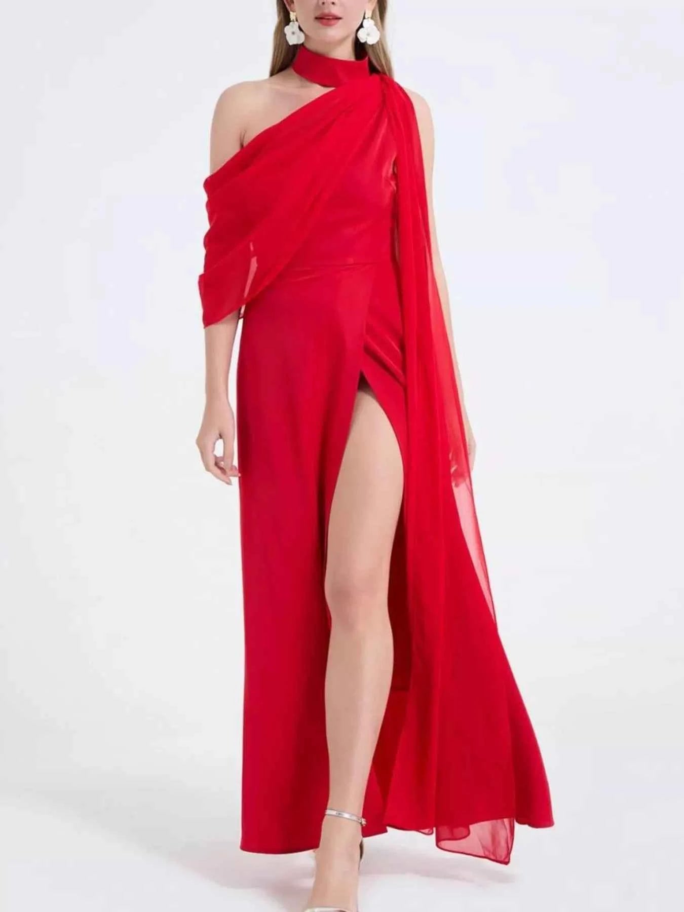 Asymmetrical Neck High Slit Maxi Dress