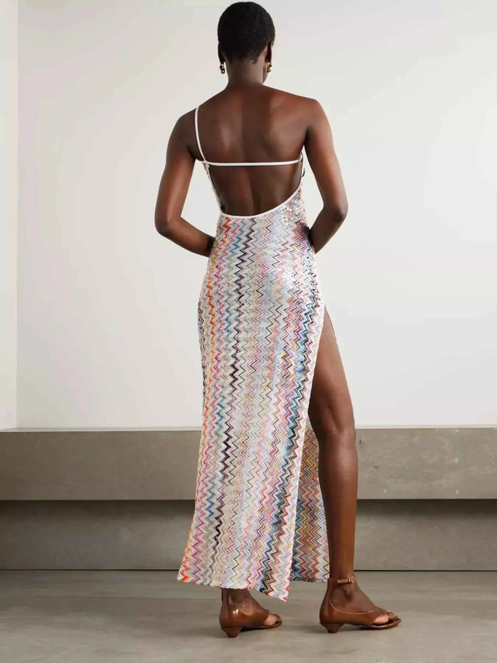Backless Slit Zigzag Pattern Sleeveless Maxi Dress