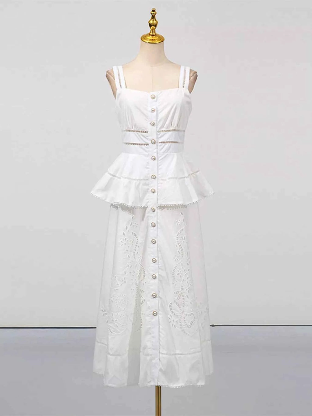 Sleeveless Eyelet Embroidered Button-Down Midi Dress