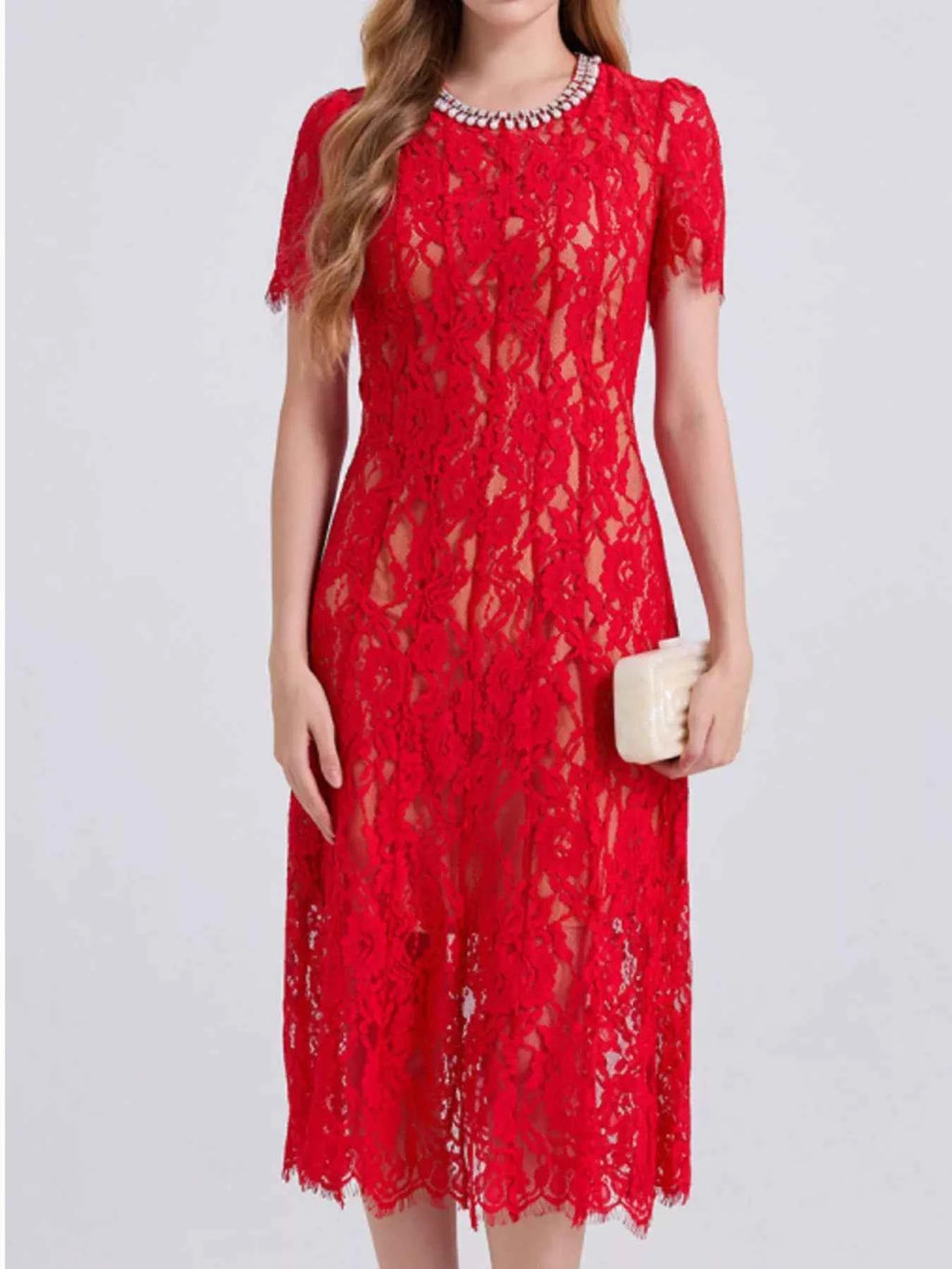 Lace Pearl Neckline Midi Dress