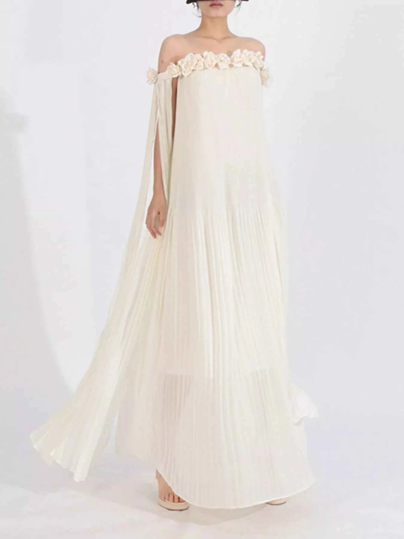 Off-Shoulder Floral Pleated Maxi Dress