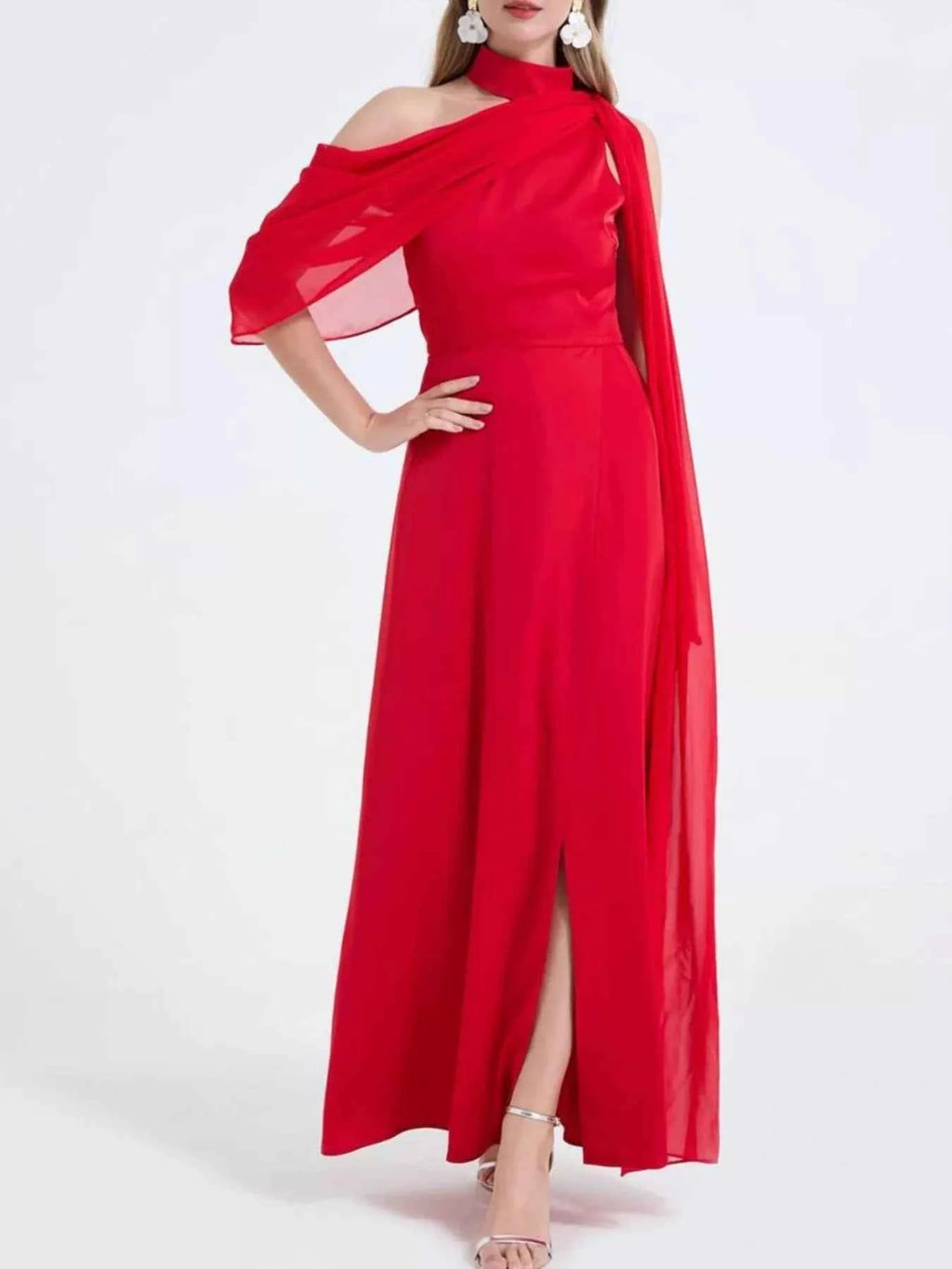 Asymmetrical Neck High Slit Maxi Dress