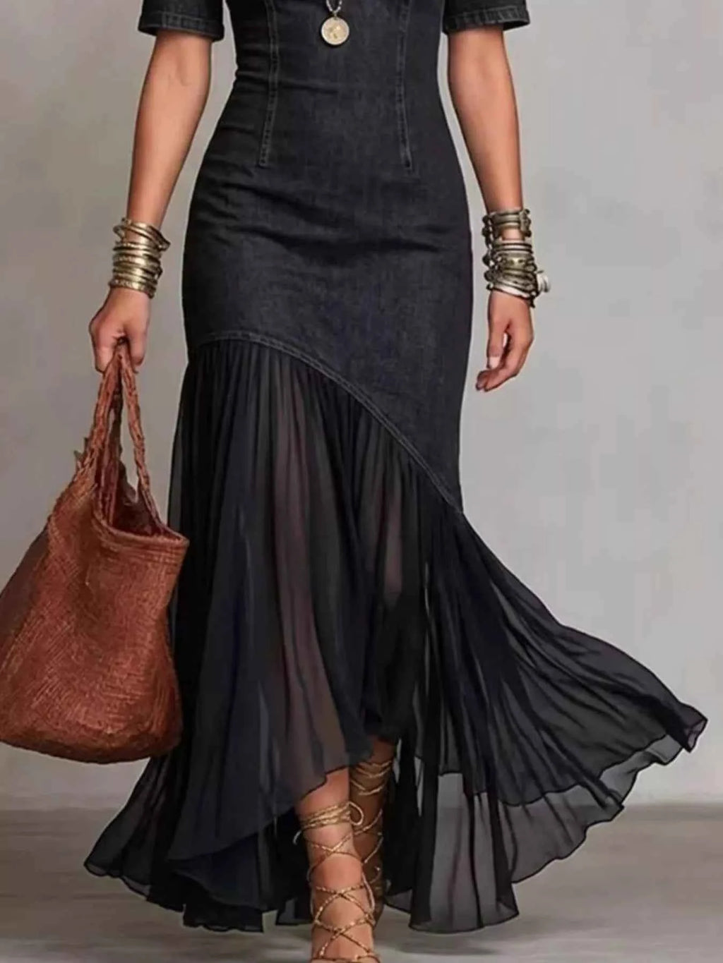 Mock Neck Cold Shoulder Ruffle Hem Maxi Dress