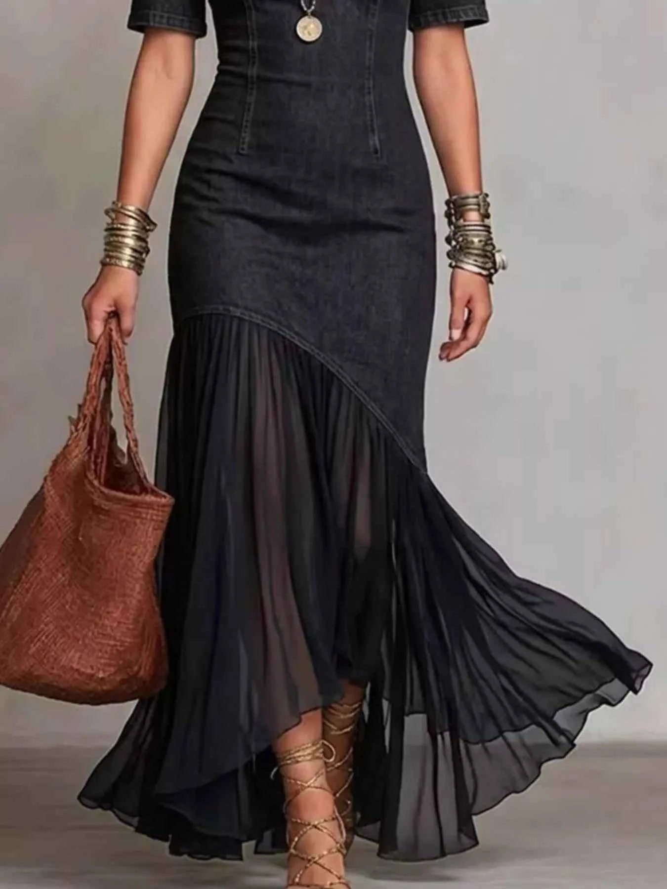 Mock Neck Cold Shoulder Ruffle Hem Maxi Dress