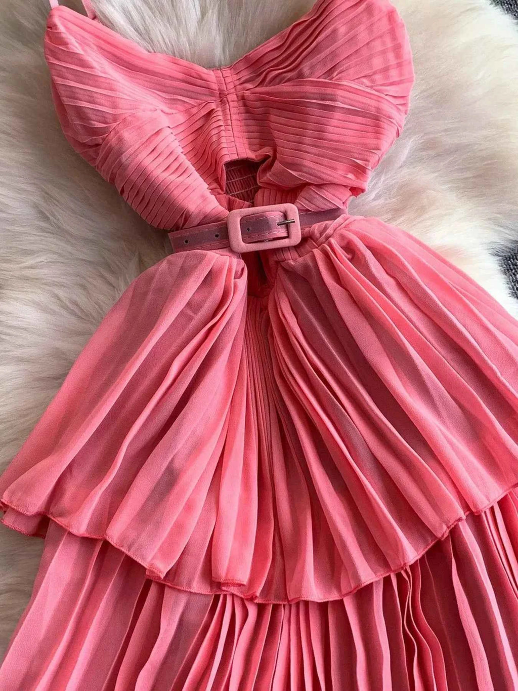 Pleated Layered Spaghetti Strap Midi Dress