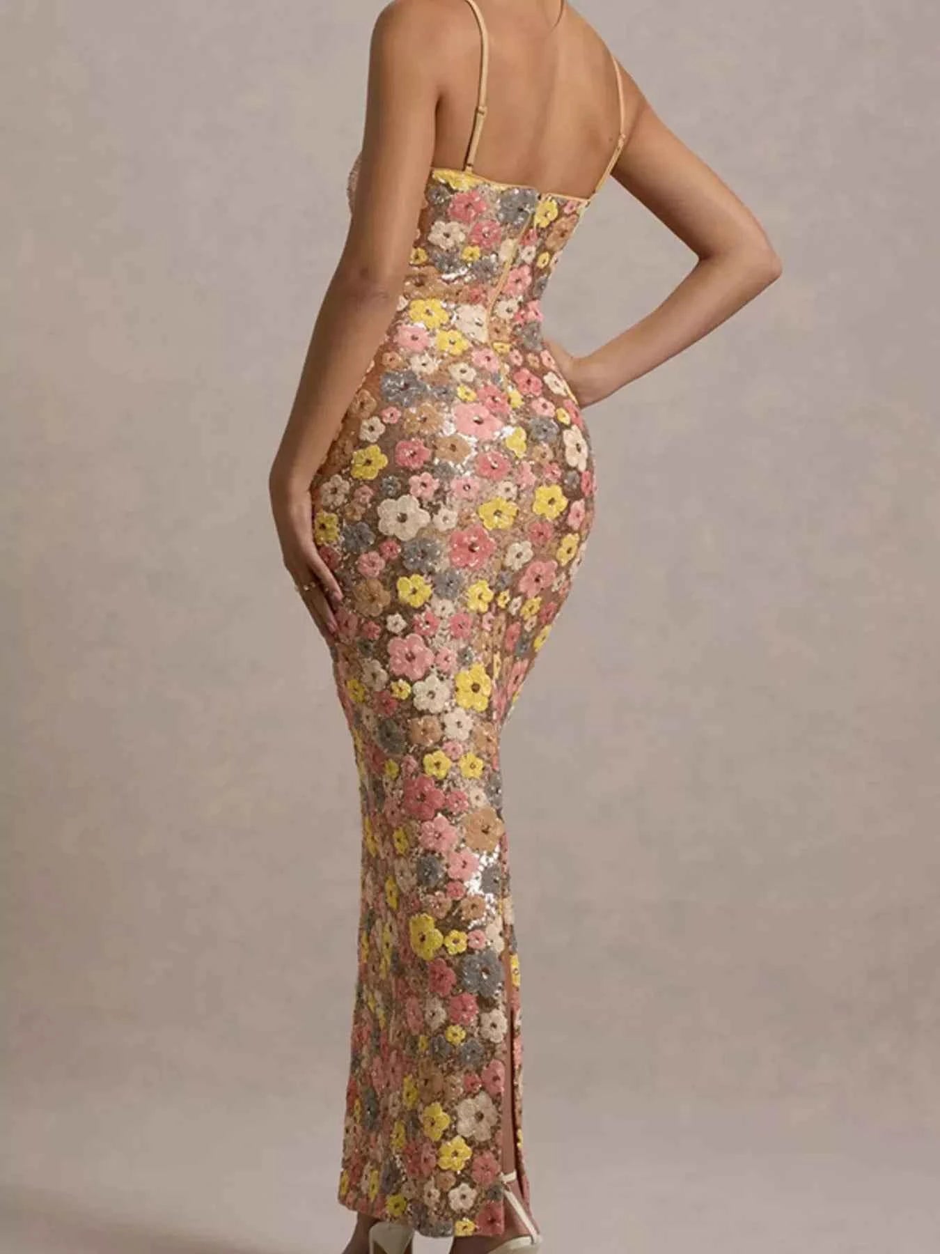 Floral Sequin Embellished Bodycon Maxi Dress