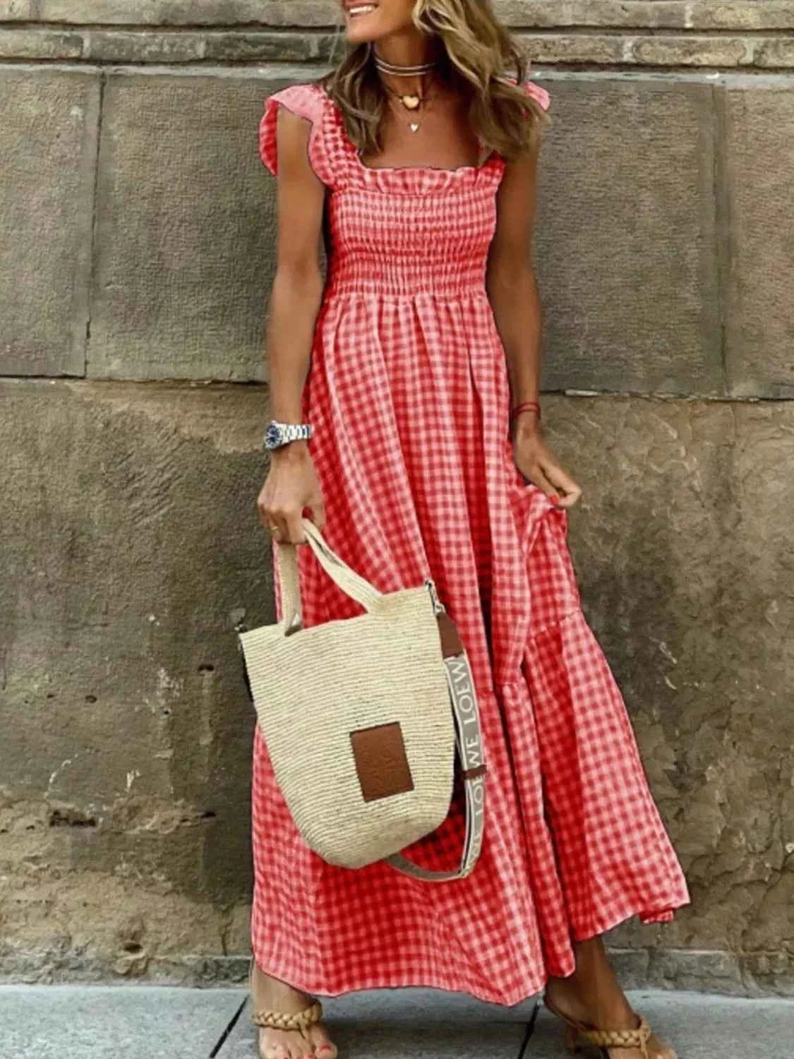 Full Size Gingham Smocked Ruffle Maxi Dress Plus Size