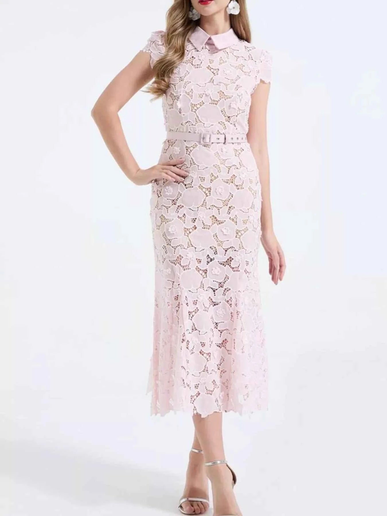 Floral Lace Short Sleeve Midi Dress