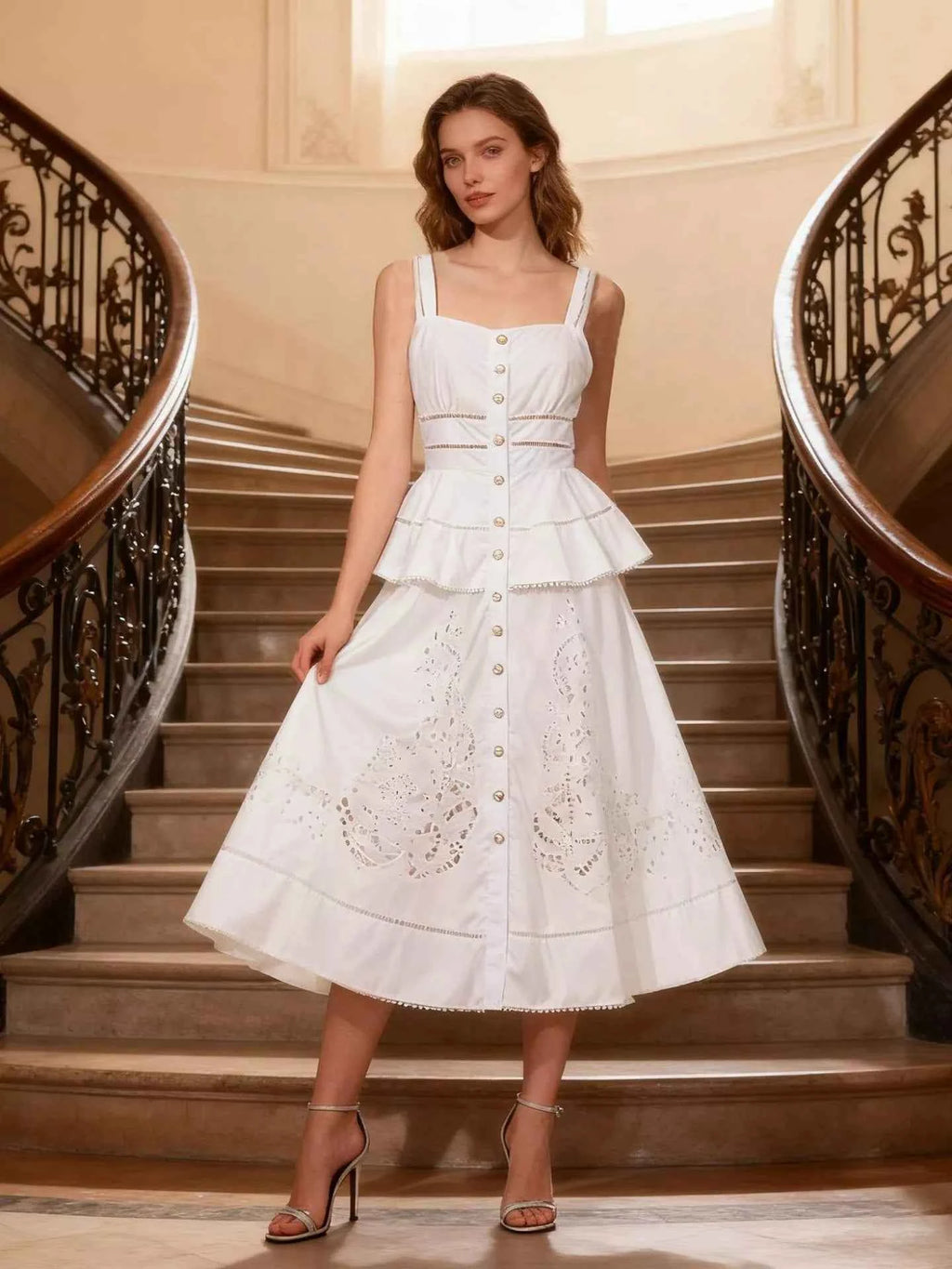 Sleeveless Eyelet Embroidered Button-Down Midi Dress