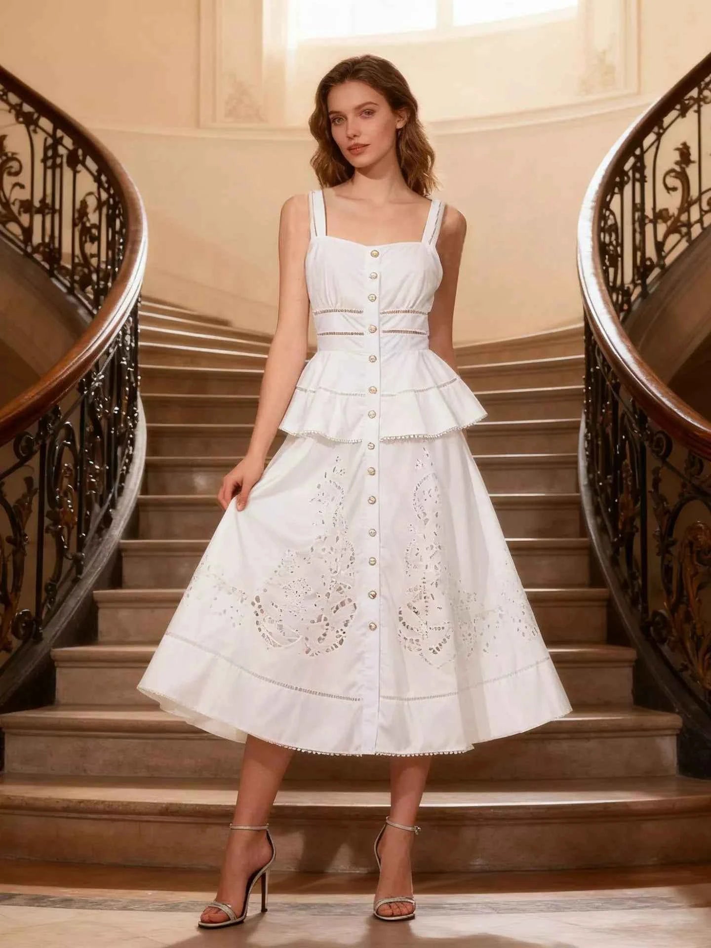 Sleeveless Eyelet Embroidered Button-Down Midi Dress