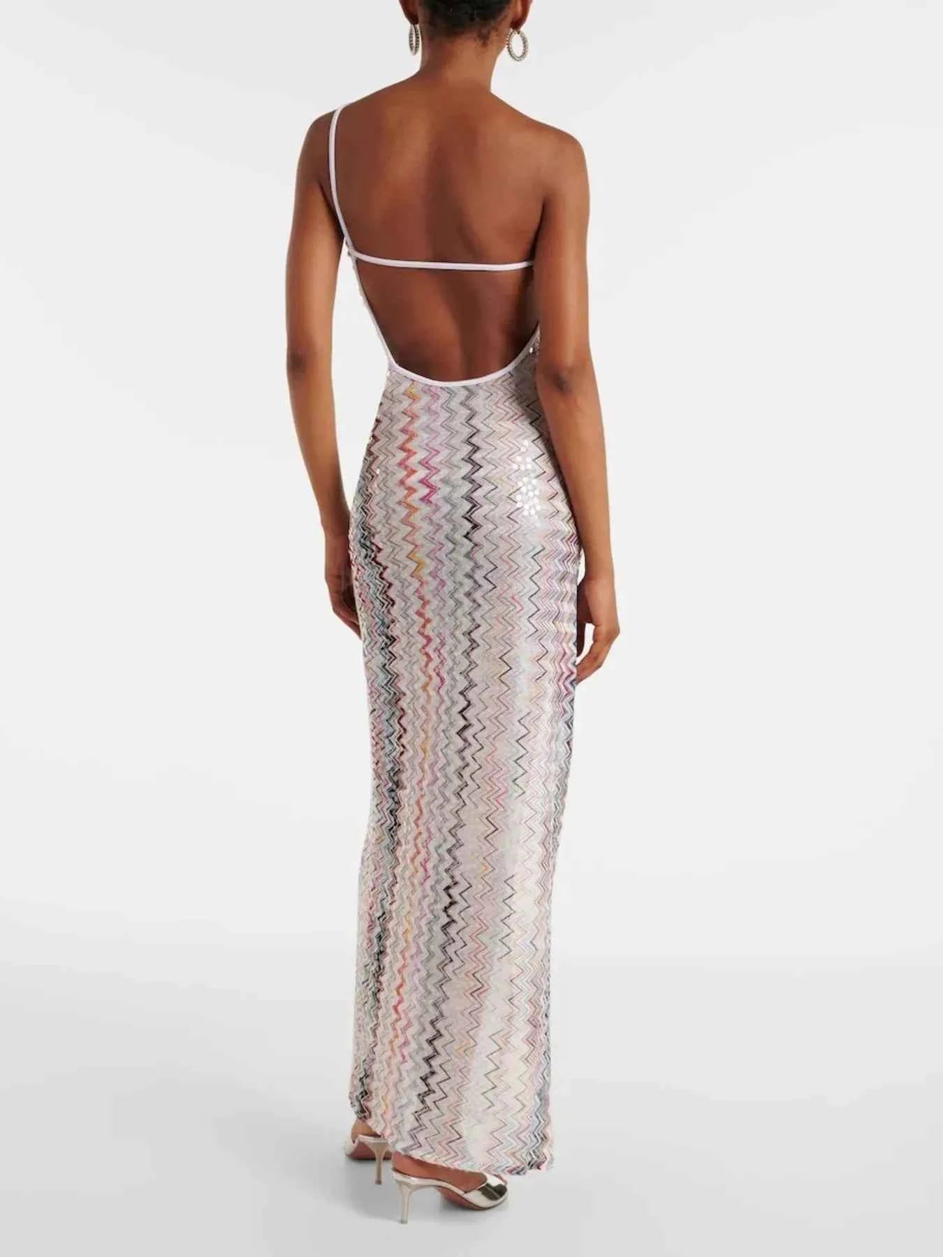 Backless Slit Zigzag Pattern Sleeveless Maxi Dress