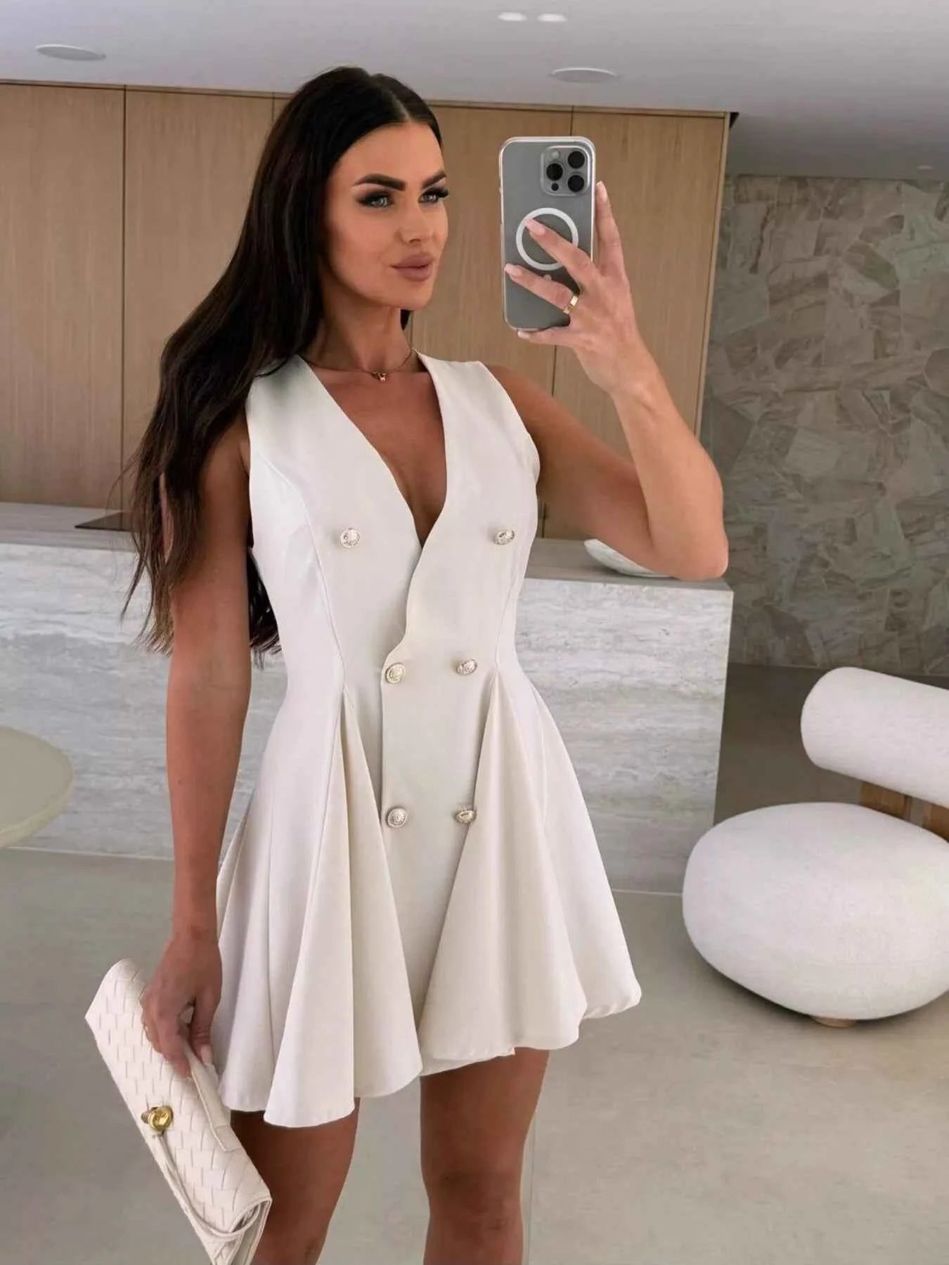 Double-Breasted V-Neck Mini Dress