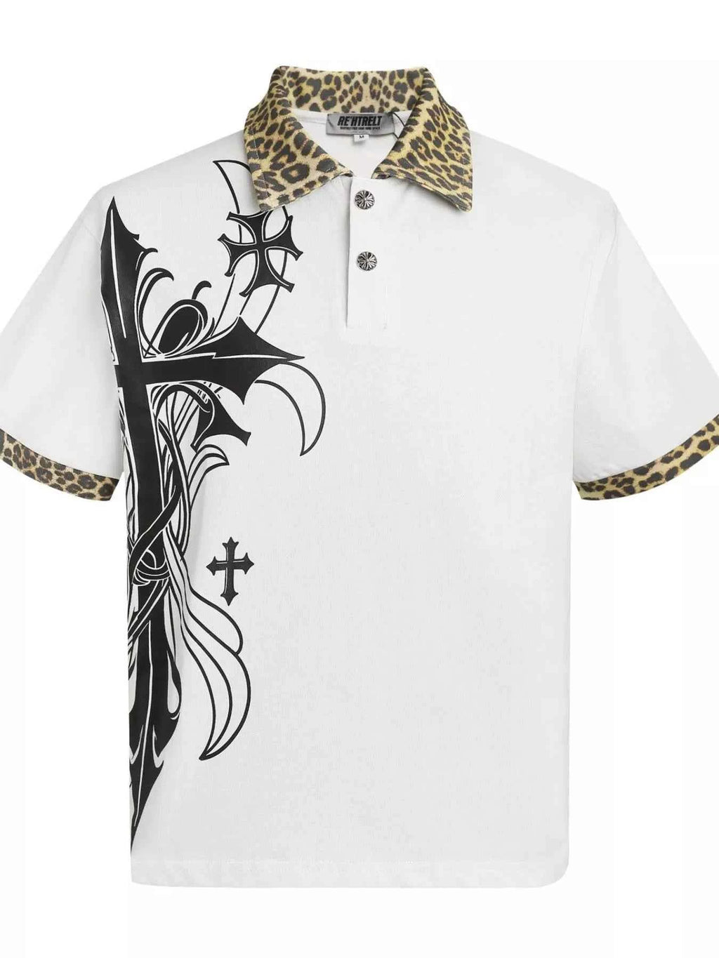 Men's Gothic Cross Print Polo with Leopard Collar