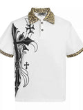 Men's Gothic Cross Print Polo with Leopard Collar