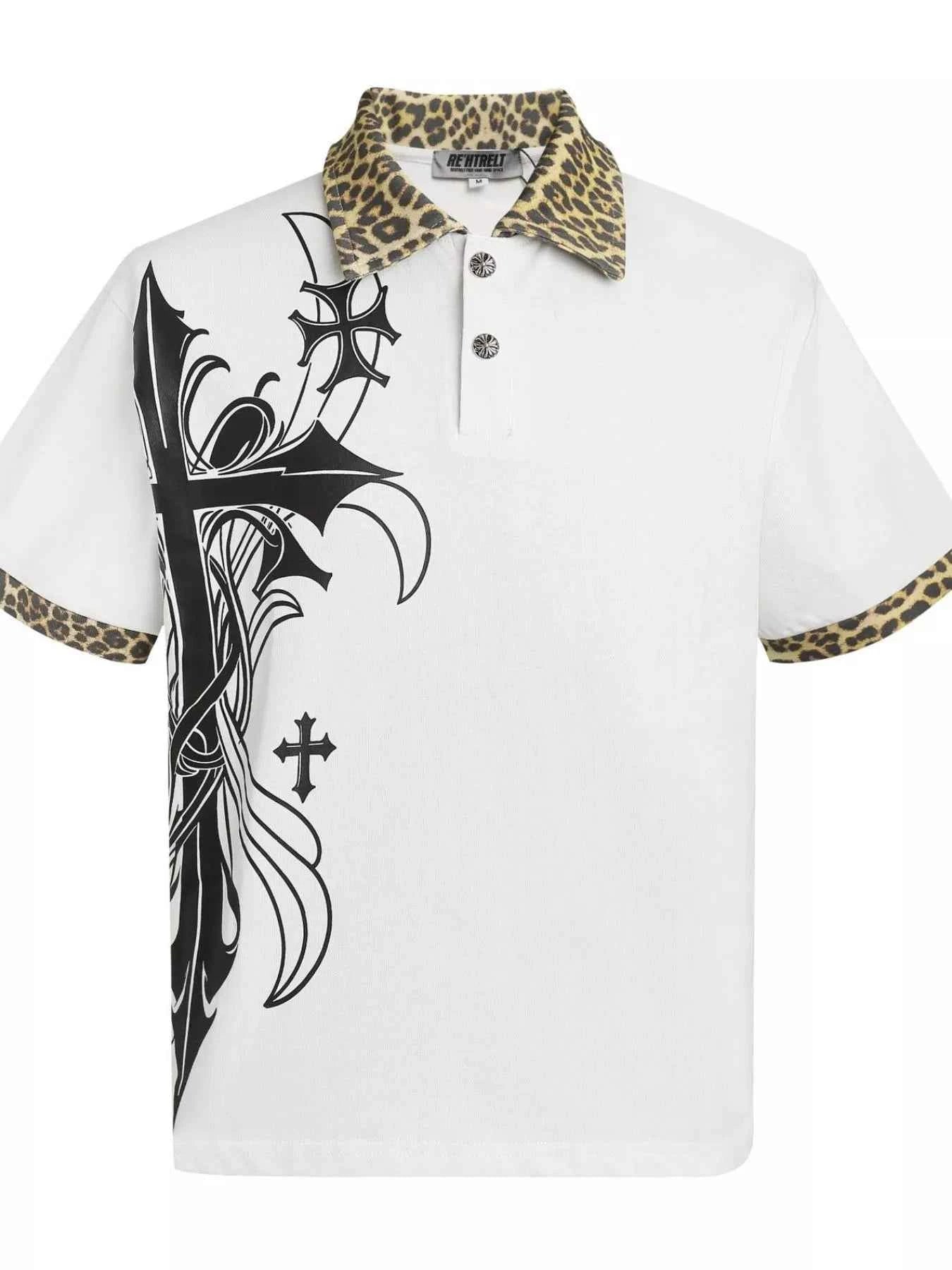 Men's Gothic Cross Print Polo with Leopard Collar
