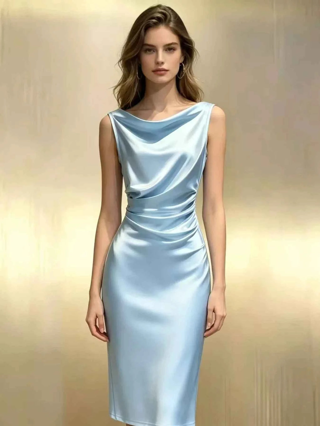 Satin Cowl Neck Ruched Sleeveless Dress