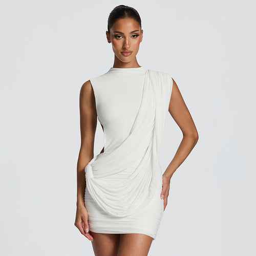 Women Clothing Summer Solid Color Casual Sleeveless Asymmetric Ribbon