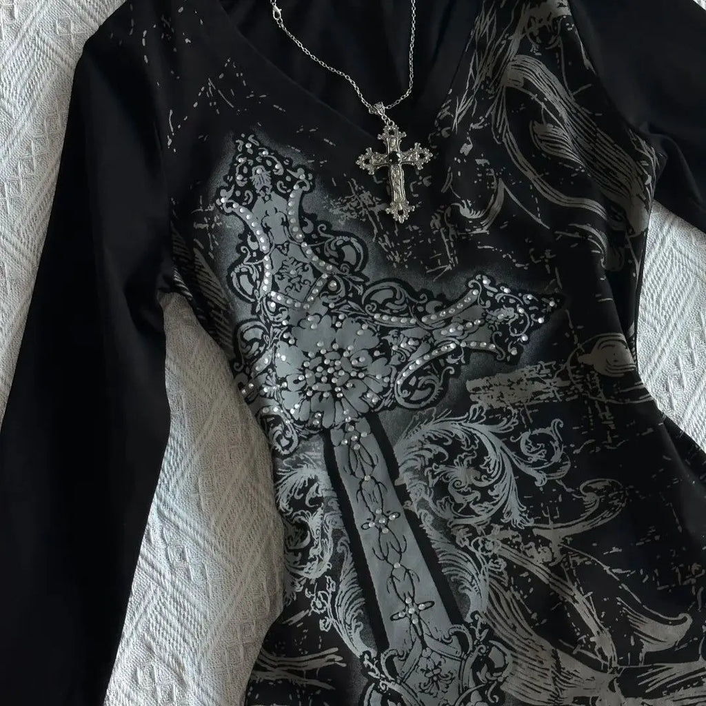 Retro Hip Hop Y2K T-Shirts Fashion Women Sexy Long Sleeve Gothic