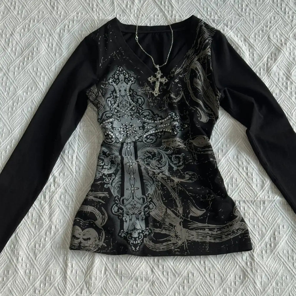Retro Hip Hop Y2K T-Shirts Fashion Women Sexy Long Sleeve Gothic