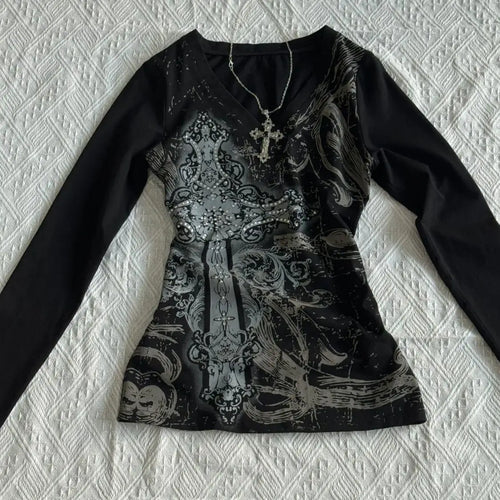 Retro Hip Hop Y2K T-Shirts Fashion Women Sexy Long Sleeve Gothic