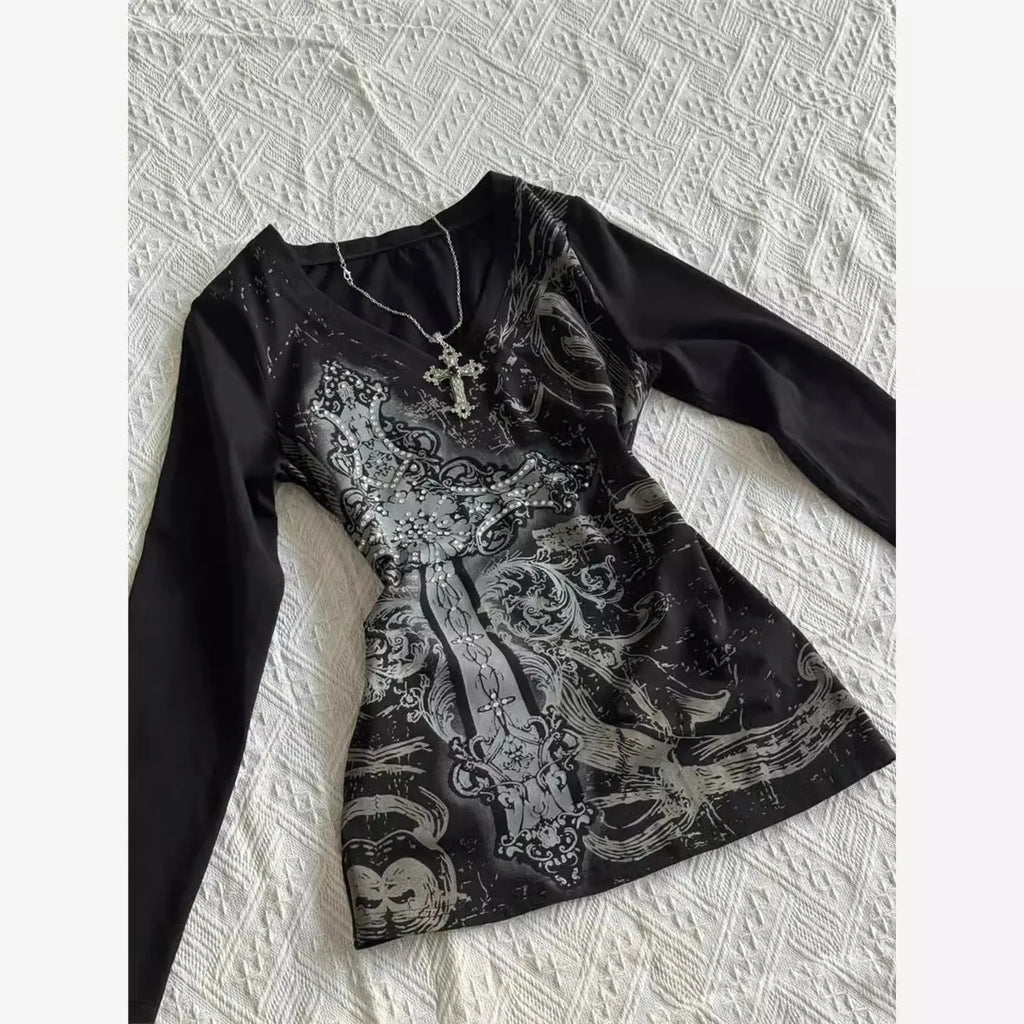 Retro Hip Hop Y2K T-Shirts Fashion Women Sexy Long Sleeve Gothic