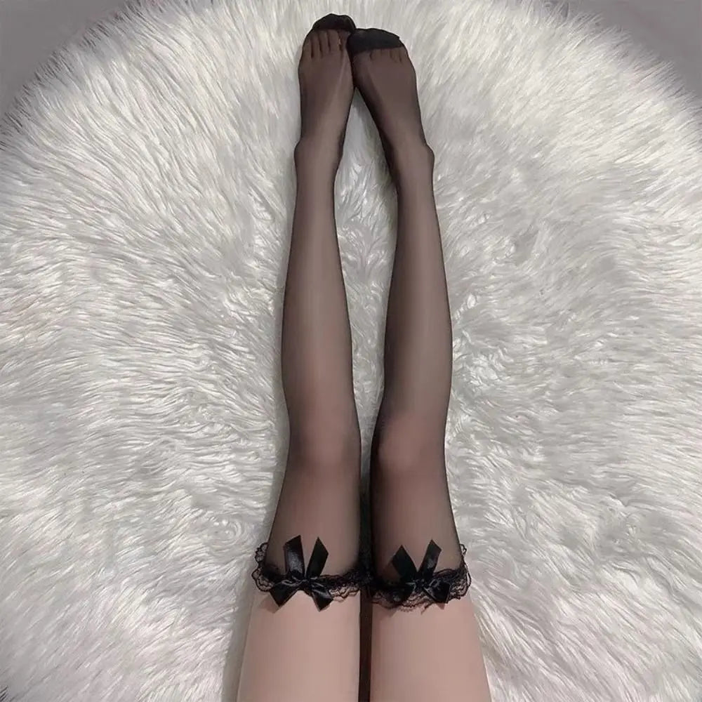 Black White Sexy Overknee Long Socks Women Sweet Girls Lolita Bowknot