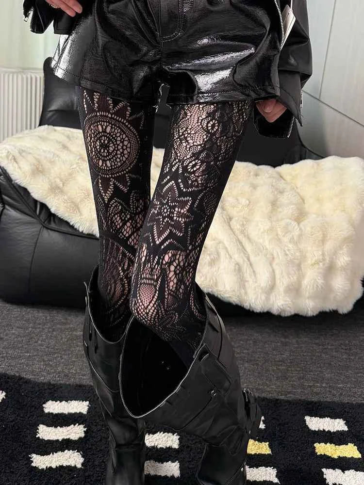 Punk Fishnet Stockings Women's Y2K Retro Style Dark Gothic Totem Large Floral Tights Nylon Sun God Print Pantyhose Boots Socks