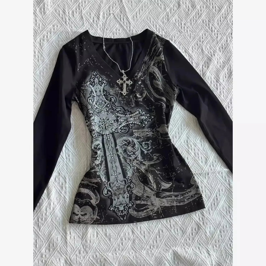 Retro Hip Hop Y2K T-Shirts Fashion Women Sexy Long Sleeve Gothic