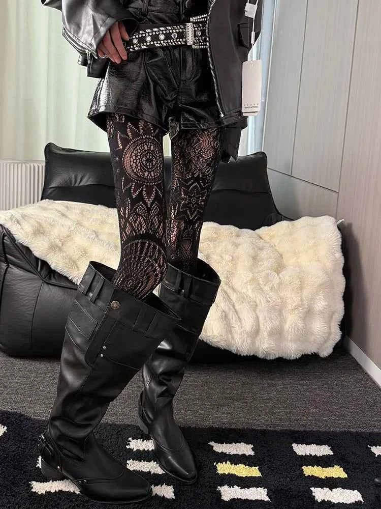 Punk Fishnet Stockings Women's Y2K Retro Style Dark Gothic Totem Large Floral Tights Nylon Sun God Print Pantyhose Boots Socks