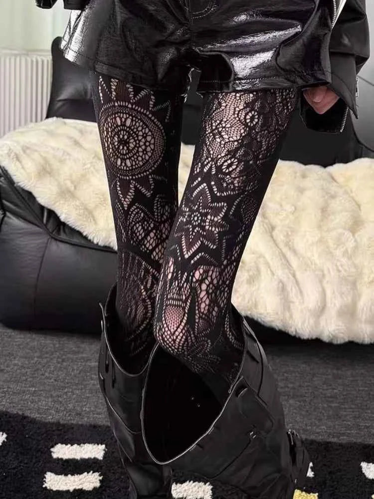 Punk Fishnet Stockings Women's Y2K Retro Style Dark Gothic Totem Large Floral Tights Nylon Sun God Print Pantyhose Boots Socks