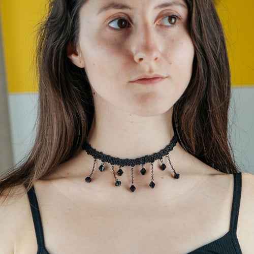 Black Beaded Lace Victorian Gothic Emo Halloween Dangle Choker